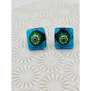 Killer Designs | Square Button Blue and Green Fused Glass Earrings | NEW
